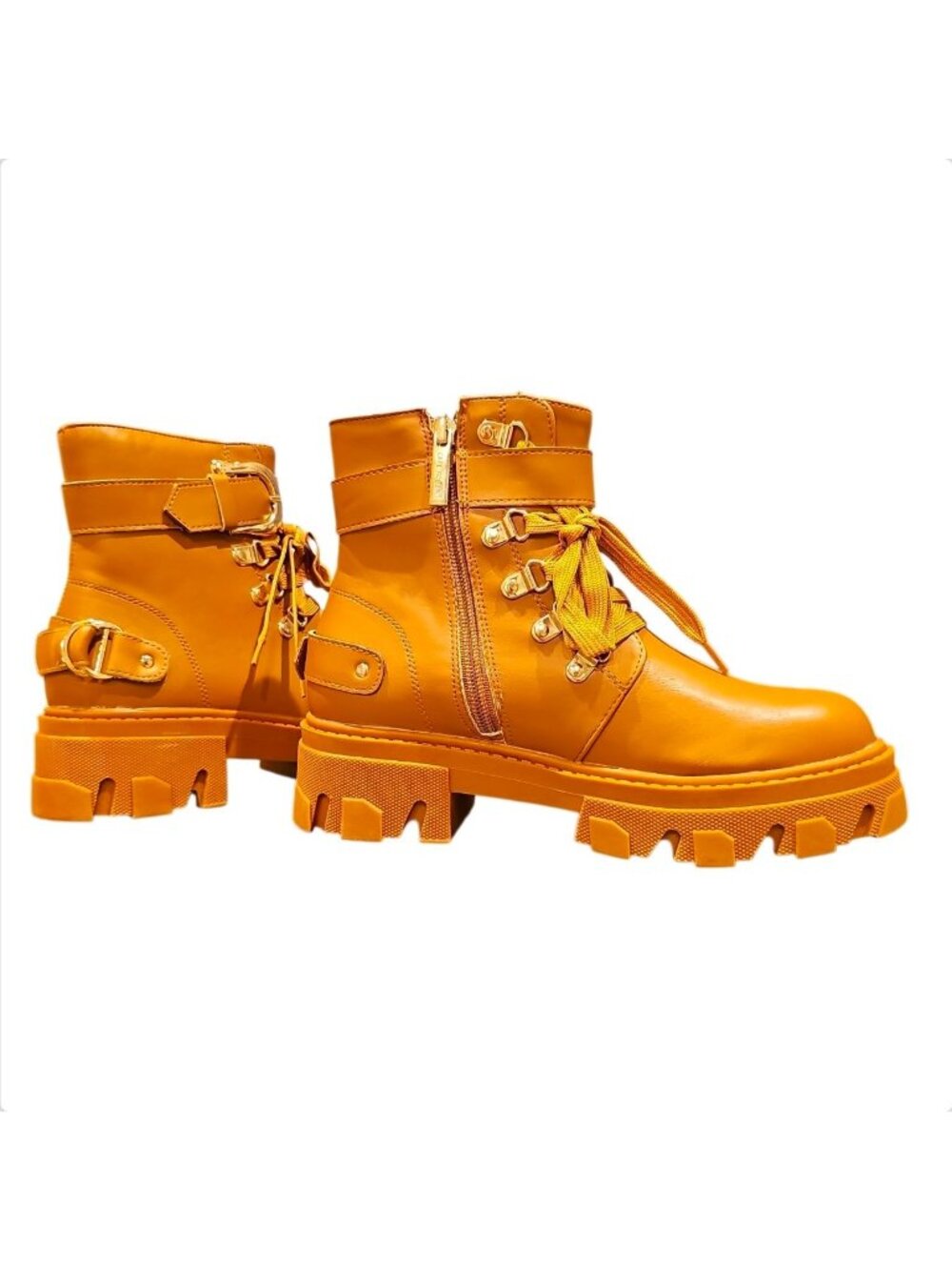 Chunky Tan Combat Boots With Buckles & Zipper Design For Women - Picture 3 of 9